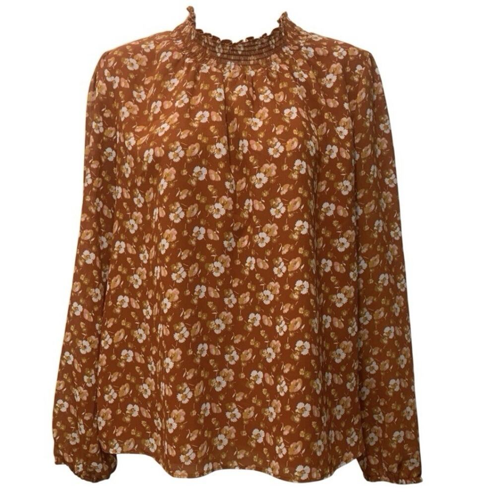 J.Crew Smocked Neck Floral Blouse Rust Orange Long Sleeve Lined Size Large